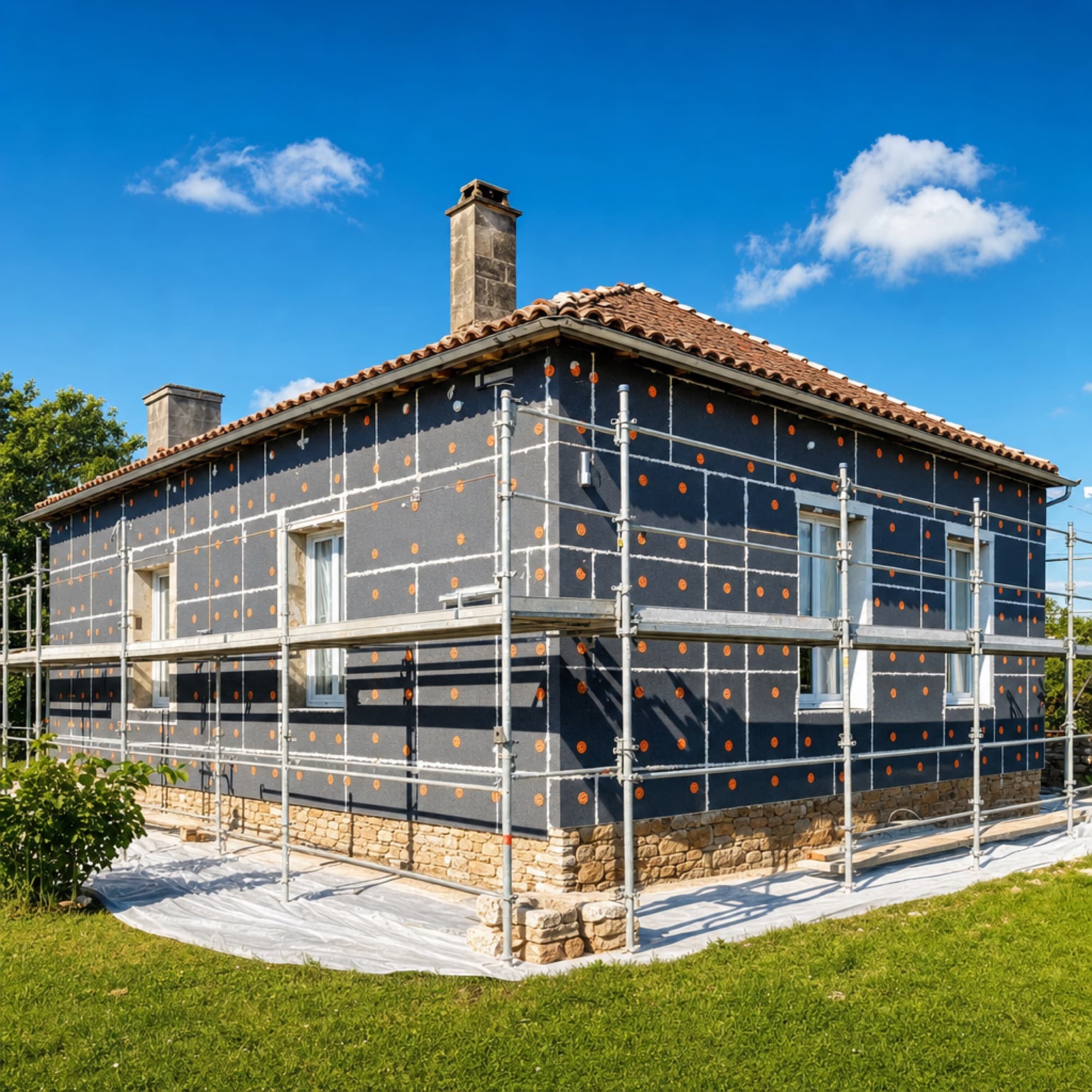 Chantier d'isolation thermique par l'extérieur en cours